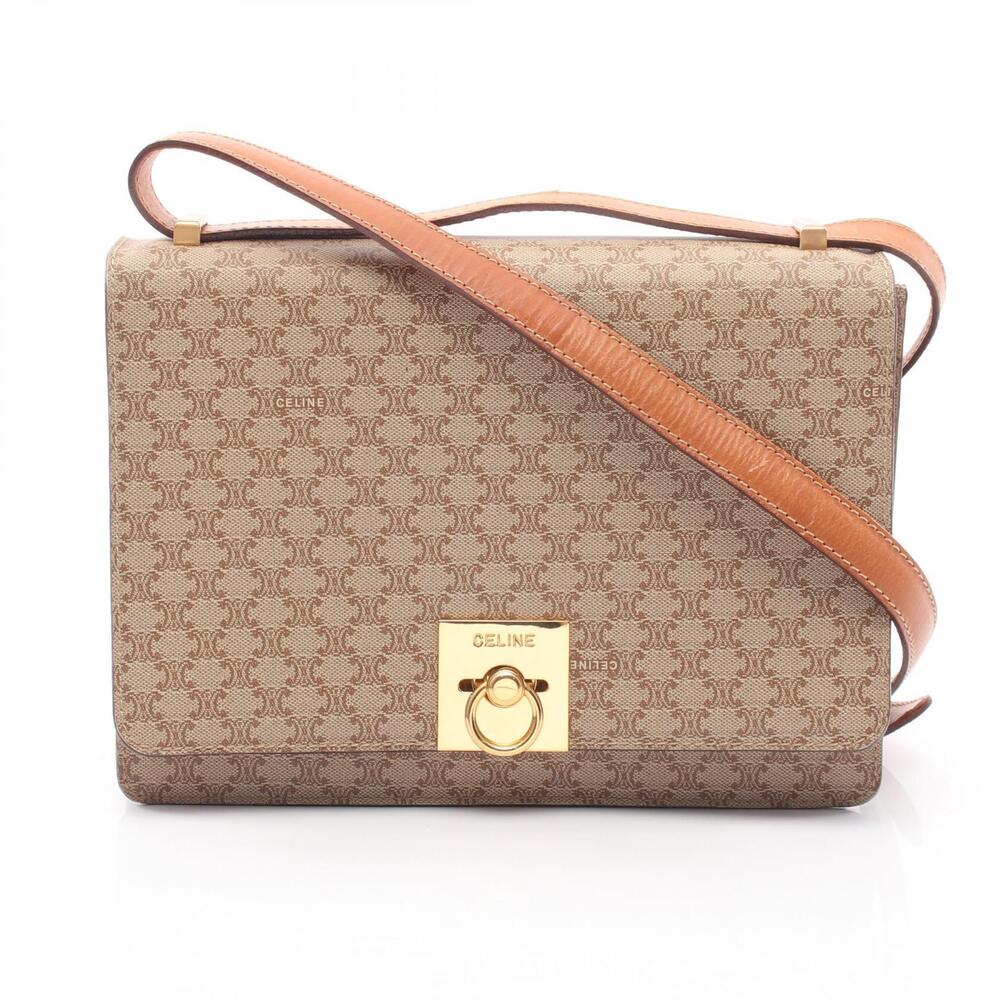 Celine Triomphe Shoulder Bag Canvas Leather Beige Tones Tan Brown